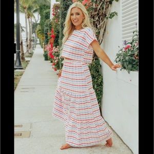 Buddy Love Women’s Small Striped Two Piece Maxi Skirt Set Red Pink Purple White